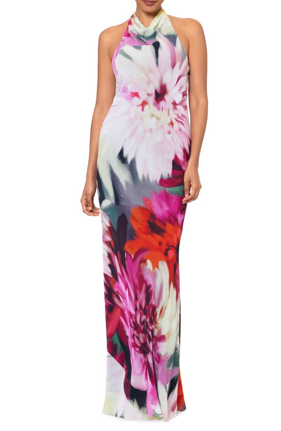 Betsy & Adam Floral Halter Gown In Fuchsia/ Blush