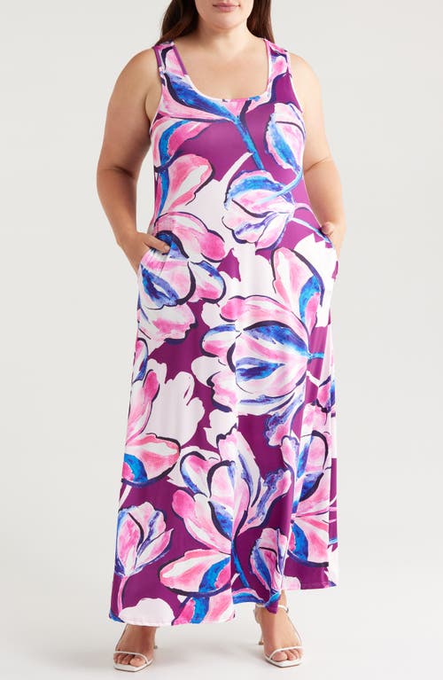 Shop 24seven Comfort Apparel Floral Square Neck Maxi Dress In Magenta Multi