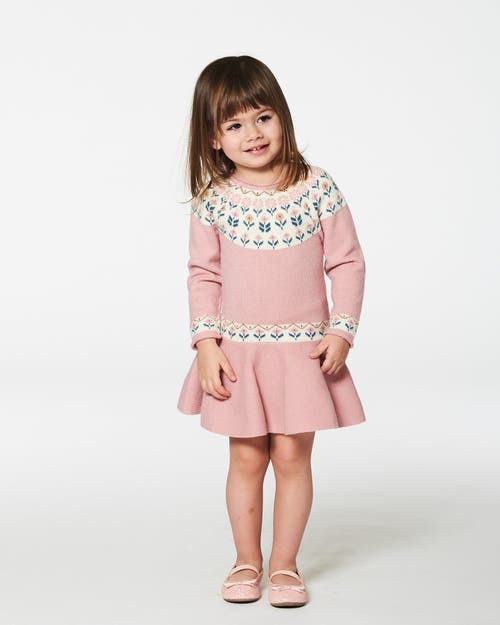 Shop Deux Par Deux Girl's Knit Dress With Round Intarsia Flowers Light Pink In Rosette