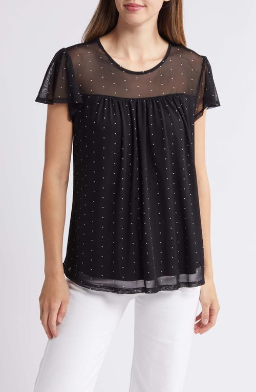 Polka Dot Sheer Yoke Mesh Top in Black