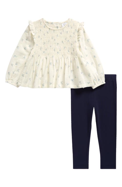 Nordstrom Babies'  Floral Smocked Long Sleeve Top & Leggings Set In Ivory Dotted Leaves- Navy