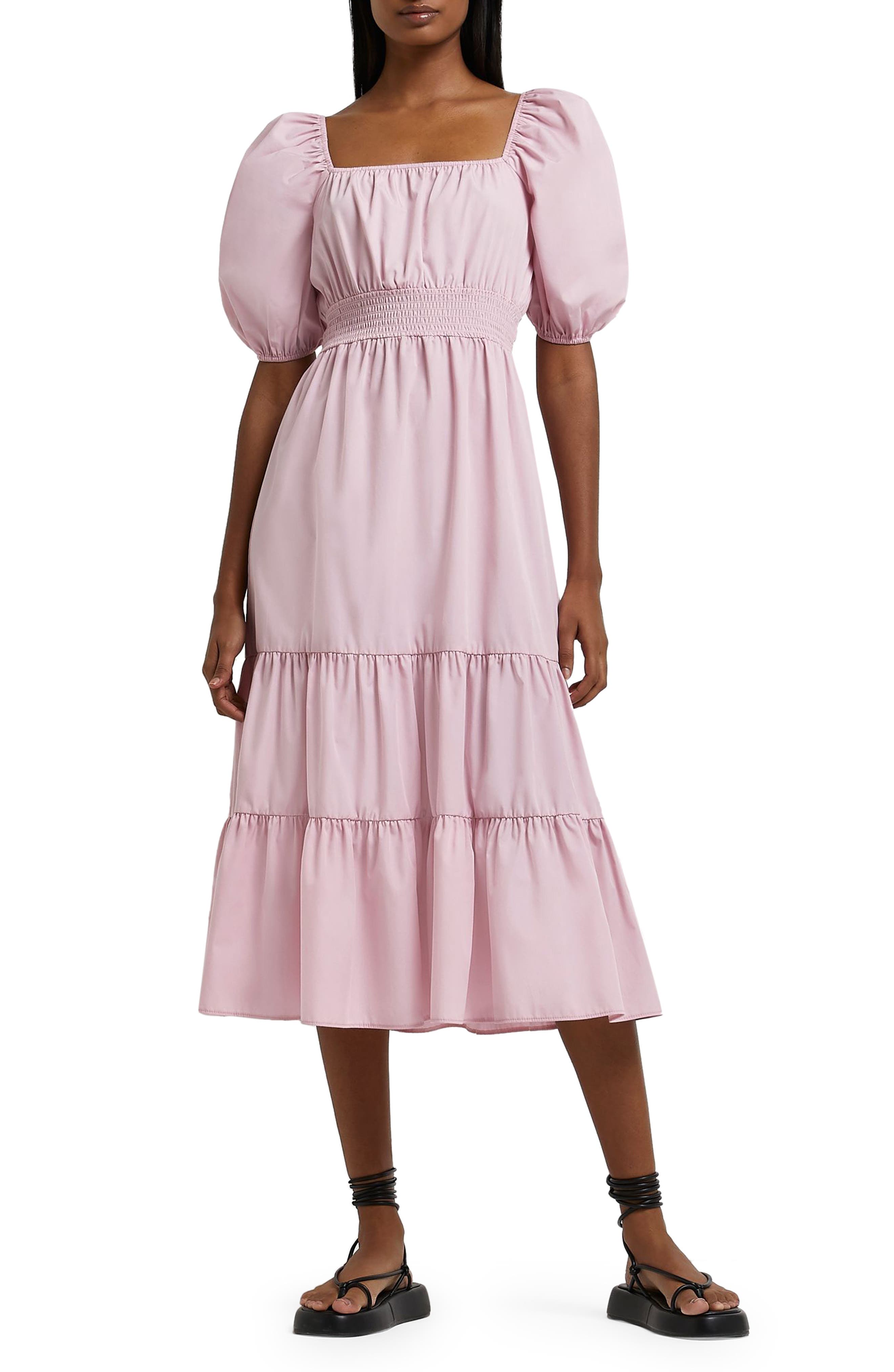 River Island Womens Pink Shirred Smock Midi Dress - 10