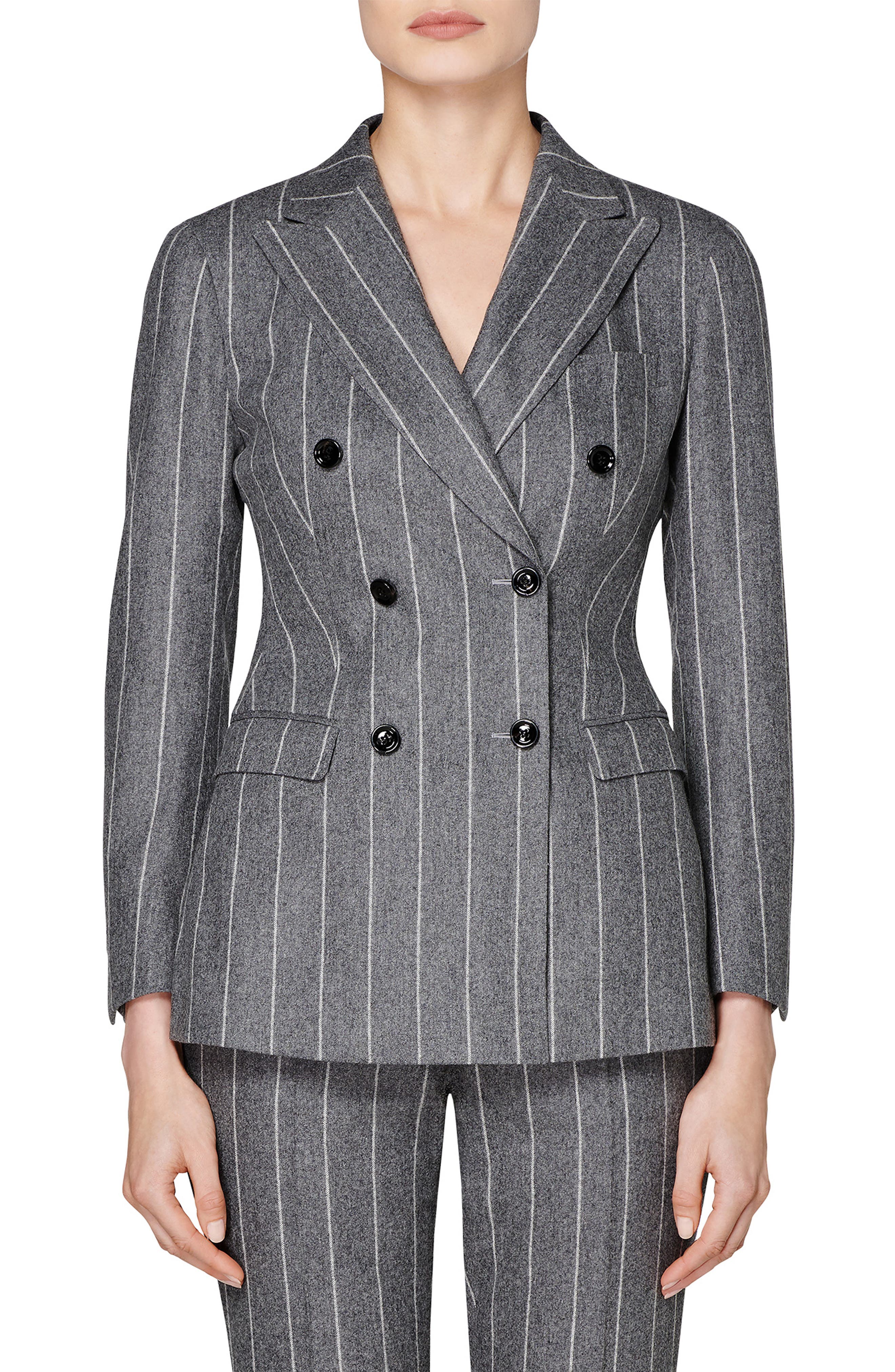 Suistudio Cameron Chalk Stripe Double Breasted Wool Jacket In Grey ...