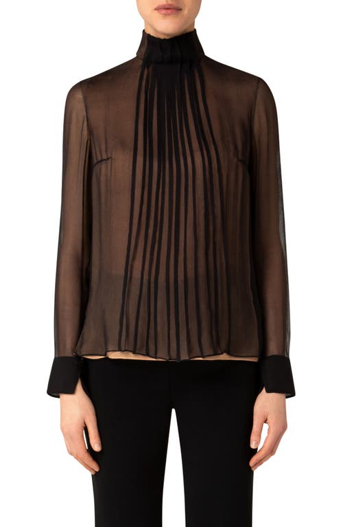 Trapezoid Pleat Mock Neck Silk Georgette Blouse in Black