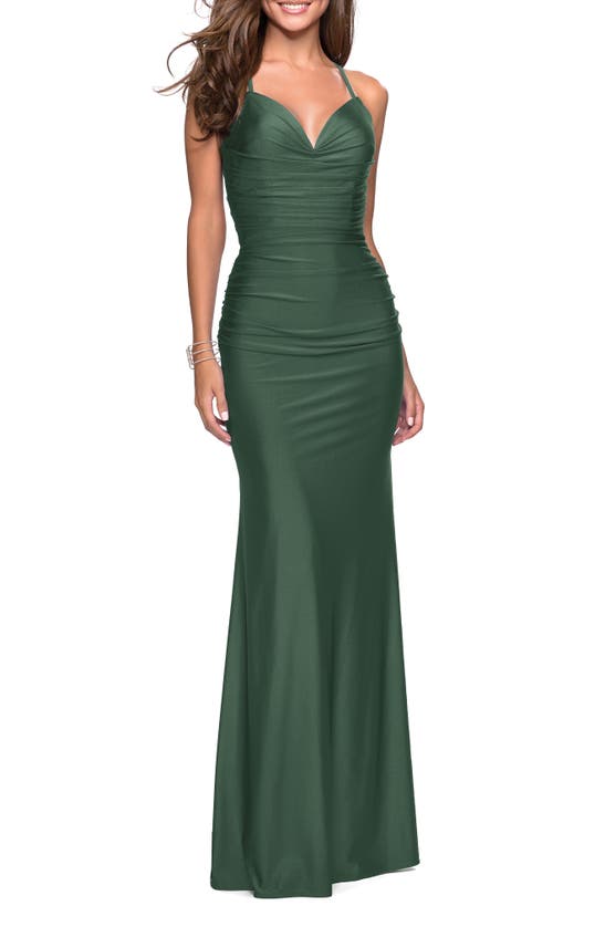 La Femme Strappy Back Ruched Trumpet Gown In Emerald