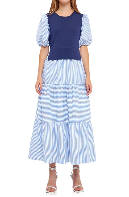 Shop English Factory Stripe Mixed Media Maxi Dress In Navy/stripe