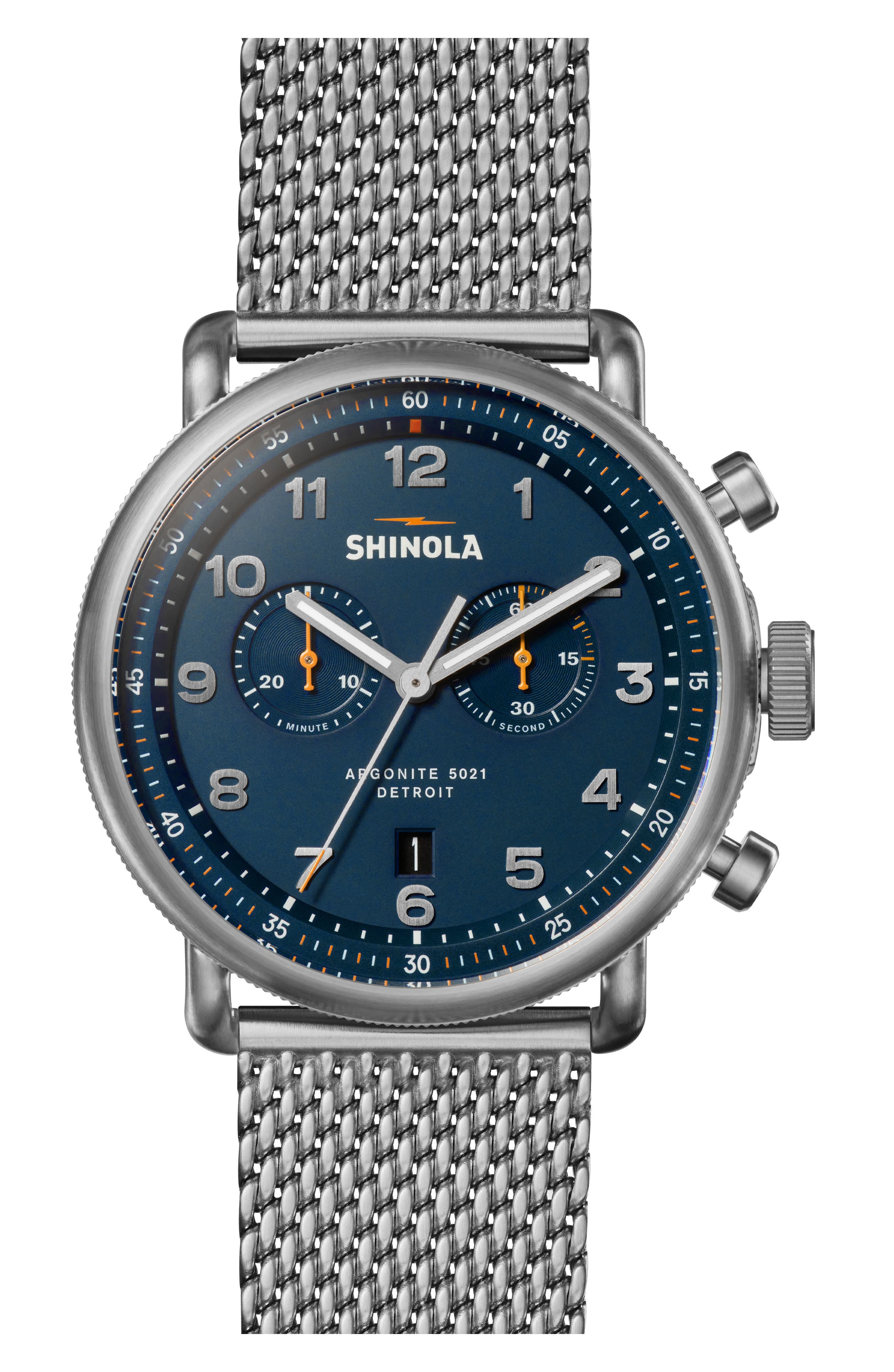 Shinola Canfield Model C56 Chronograph Mesh Strap Watch, 43mm in Blue Cover