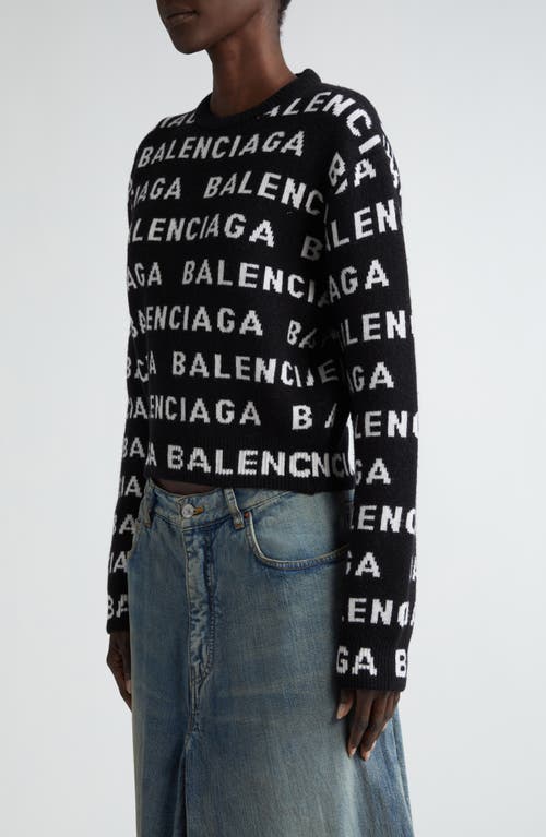 Shop Balenciaga Allover Logo Crop Wool Blend Sweater In Black/white