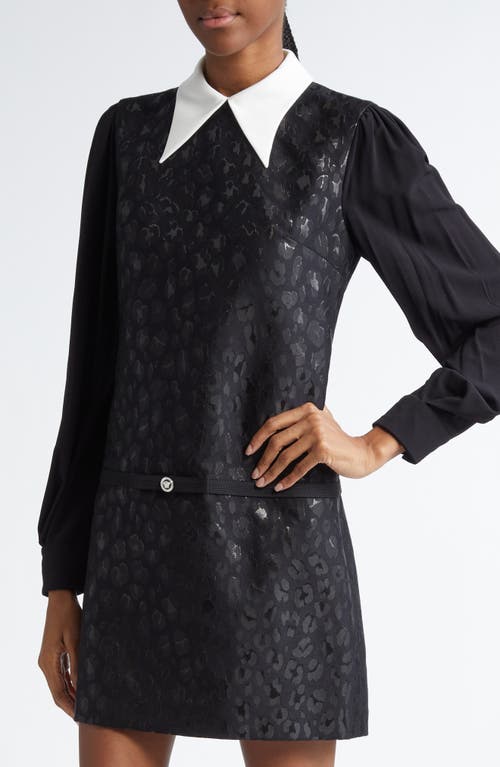 Shop Versace Leopard Long Sleeve Jacquard Minidress In Black