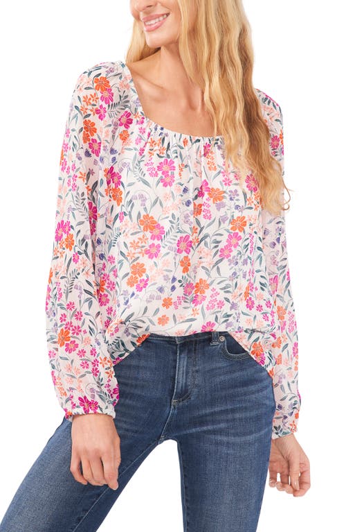 CeCe Floral Print Square Neck Blouse in New Ivory