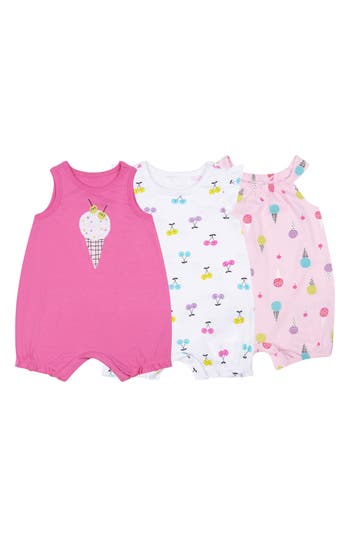 Petit Lem Assorted Print 3-pack Rompers In Pink