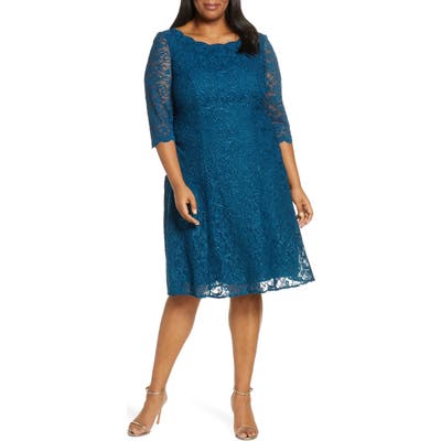 Plus Size Alex Evenings Embellished Lace A-Line Dress, Blue/green