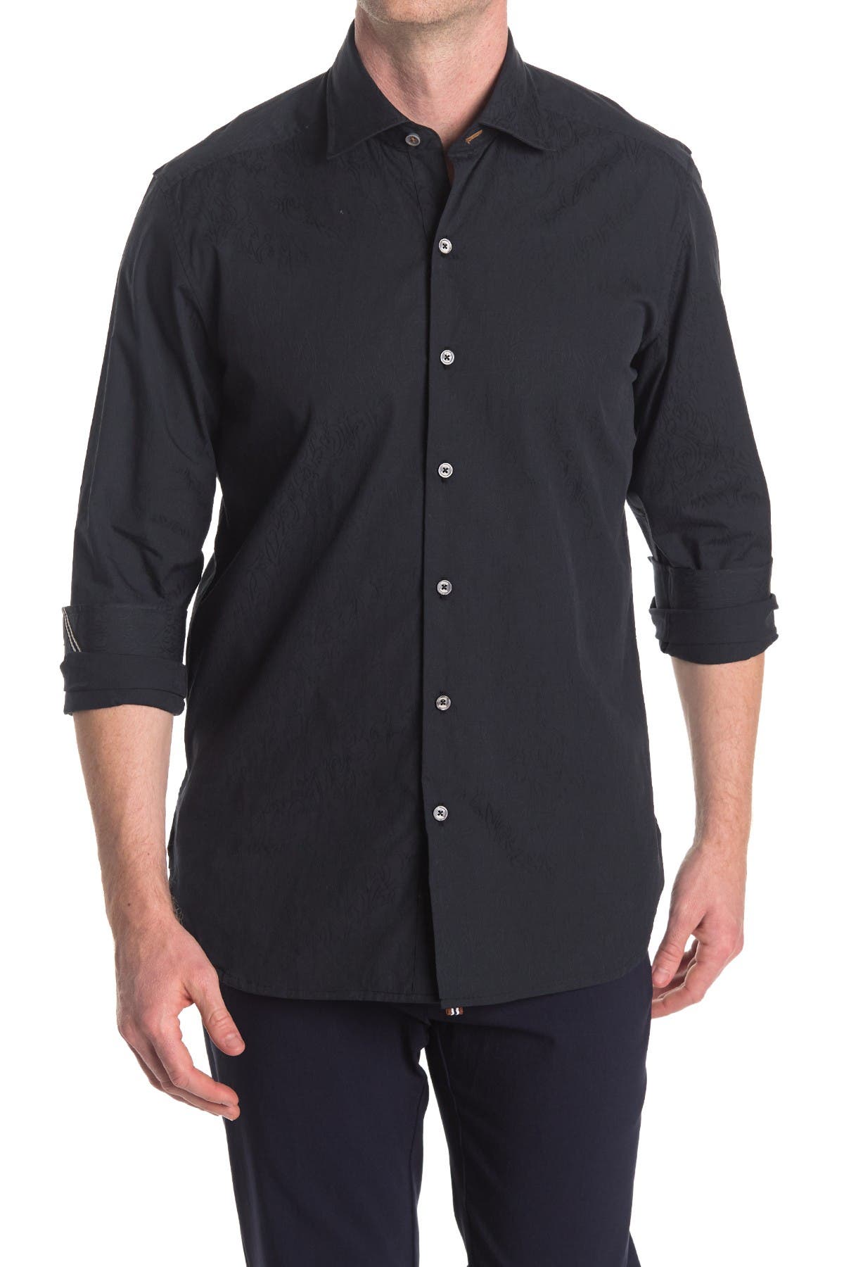Boconi Jacquard Check Print Long Sleeve Tailored Fit Shirt In Black
