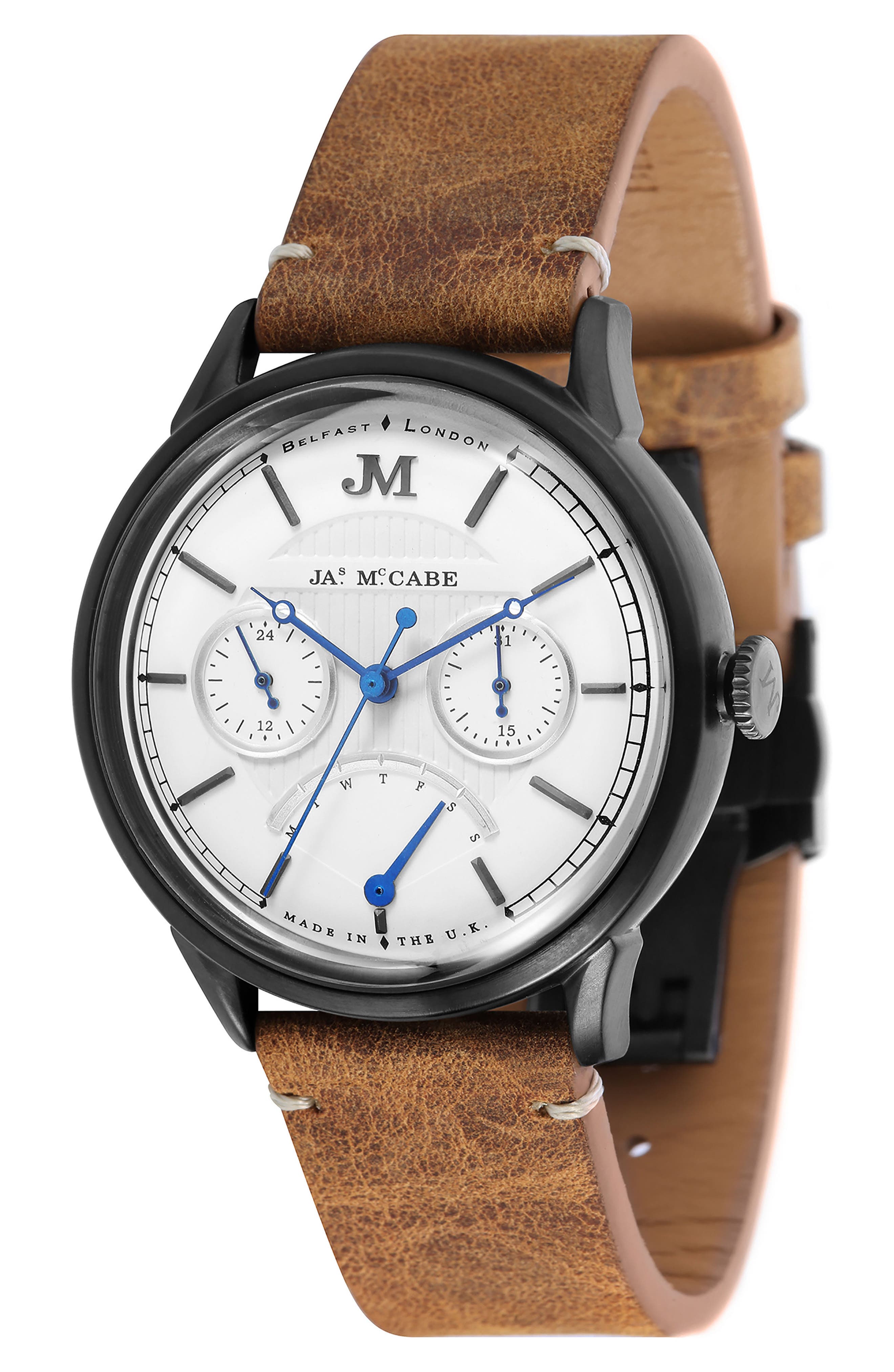 James McCabe Heritage Retrograde II Leather Strap Watch, 35mm Nordstrom