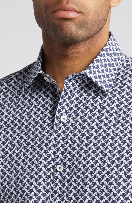 Shop Bugatchi Orson Seahorse Print Short Sleeve Stretch Cotton Button-up Shirt In Navy