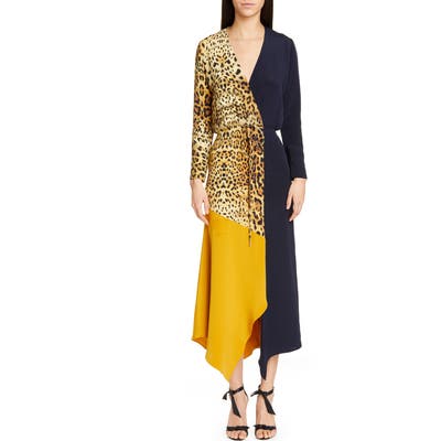 Cushnie Leopard Colorblock Long Sleeve Silk Dress, Beige
