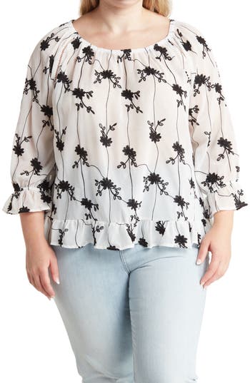 Shop Forgotten Grace Embroidered Ruffle Trim Blouse In White/black