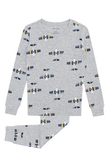 Petit Lem Kids' Spitfire Print Organic Cotton Fitted Two-piece Pajamas In Gray