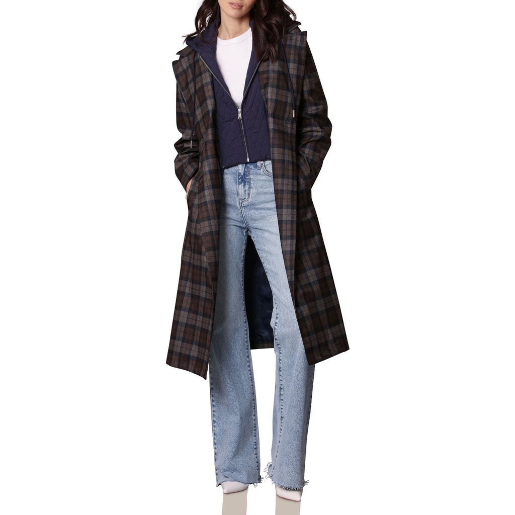Avec Les Filles Plaid Rain Coat In Brown Plaid