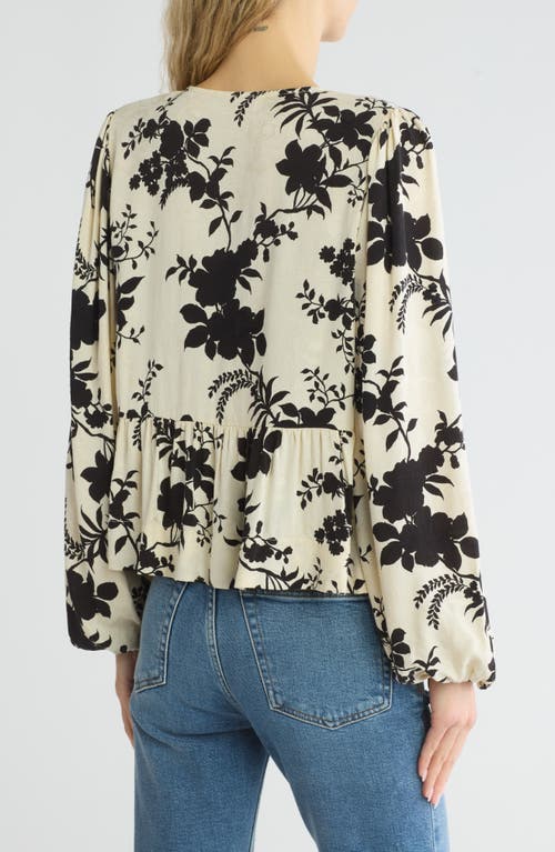 Renee C Floral Long Sleeve Tie Front Crop Top In Ivory