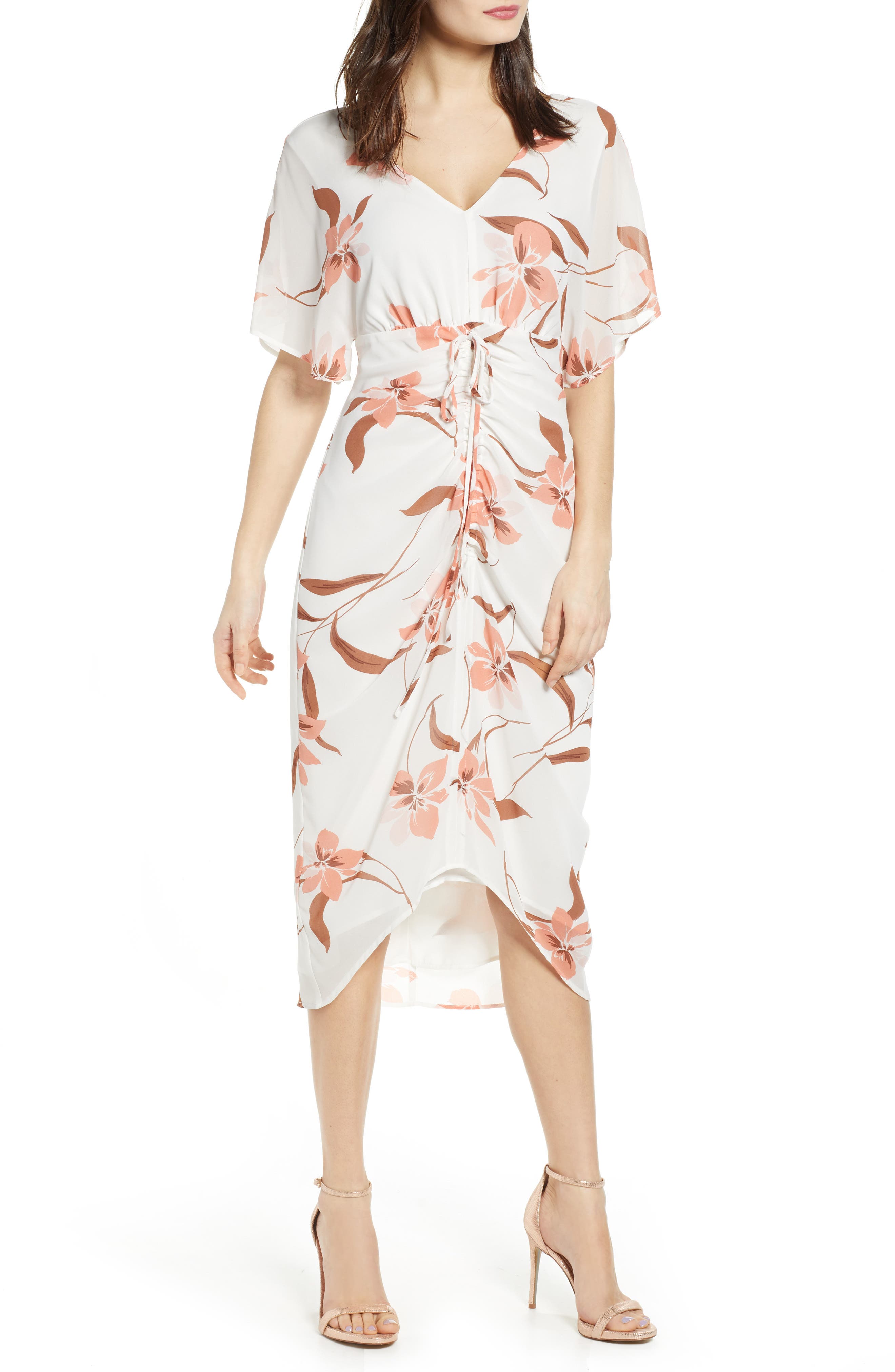 Leith Floral Ruched Midi Dress, Ivory