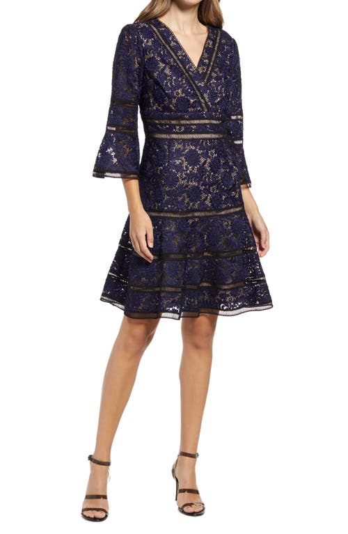 Embroidered Lace Fit & Flare Cocktail Dress in Black/Blue