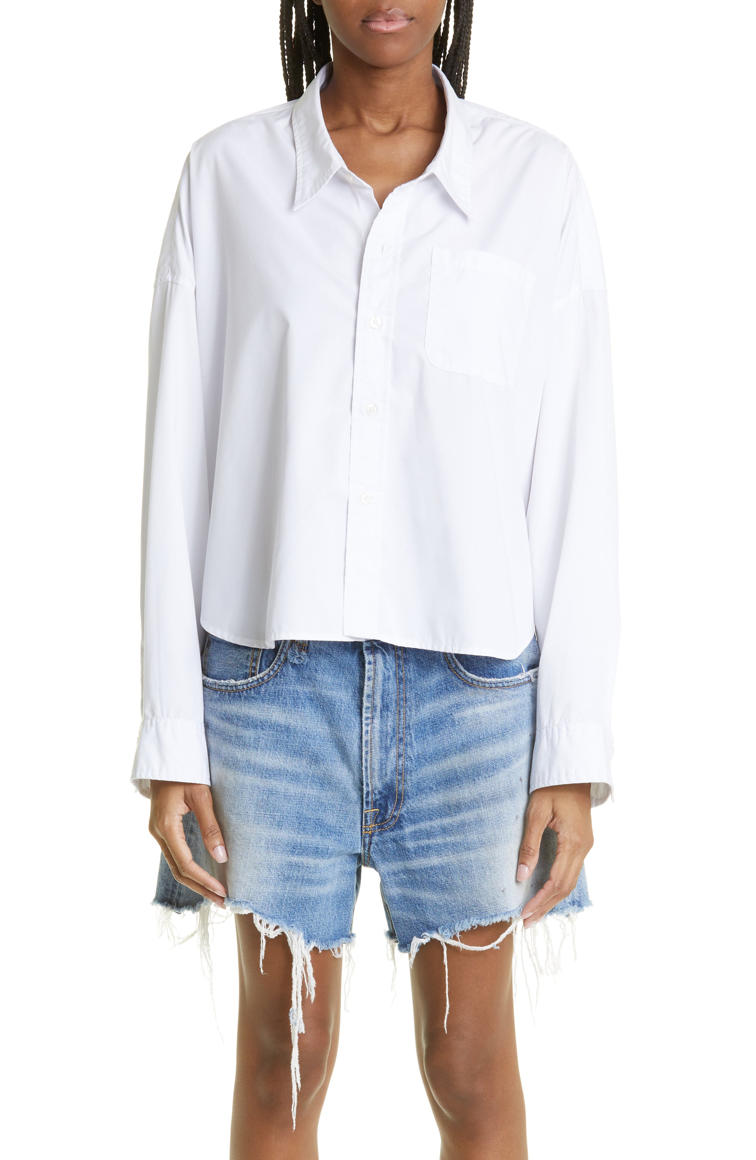 R13 Oversize Drop Neck Crop Button Up Shirt in White Smart Closet