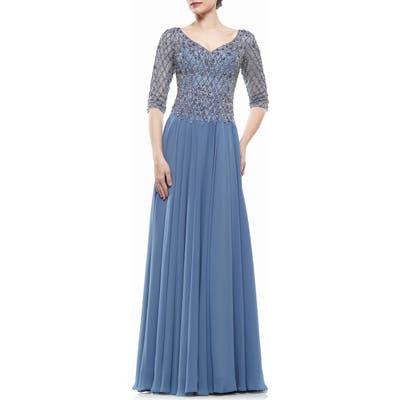 Marsoni Embellished Chiffon A-Line Gown, Blue