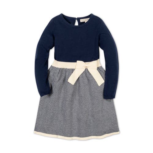 Shop Hope & Henry Baby Girls' Skater Sweater Dress With Bow, Infant In Navy Herringbone Colorblock