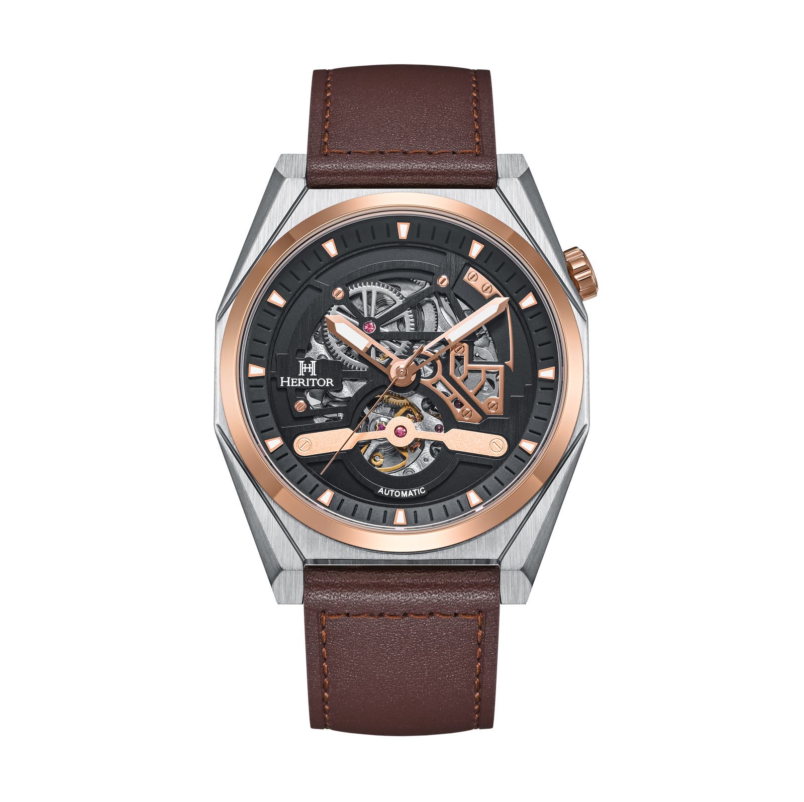 Heritor Automatic Amadeus Semi-Skeleton Leather-Band Watch in Rose Gold/brown Cover