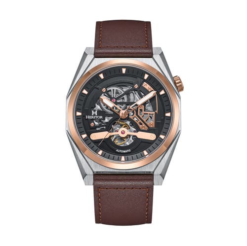 Shop Heritor Automatic Amadeus Semi-skeleton Leather-band Watch In Rose Gold/brown