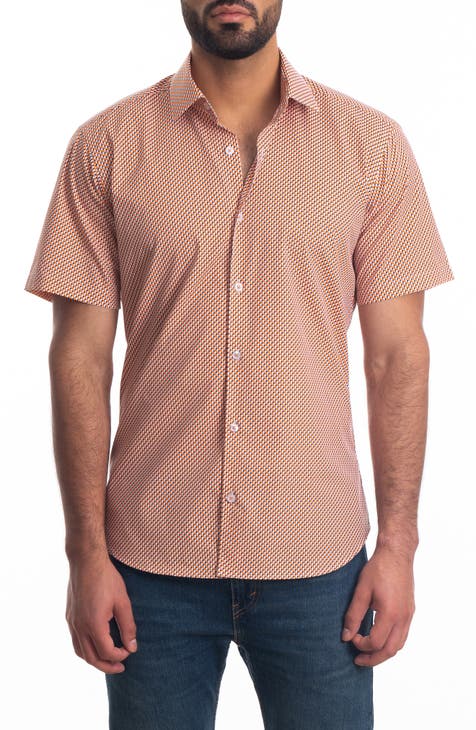 Jared Lang Bird Print Short Sleeve Button-Up Shirt in Brown