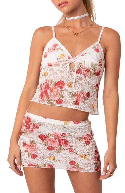 EDIKTED Portofino Floral Sheer Lace Crop Camisole White Multi at Nordstrom,