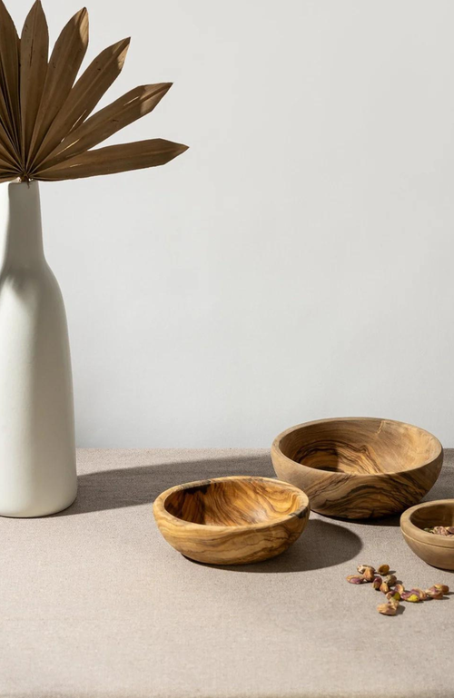 Gharyan Stoneware Olive Wood Nesting Bowls Set Of 3 In Natural