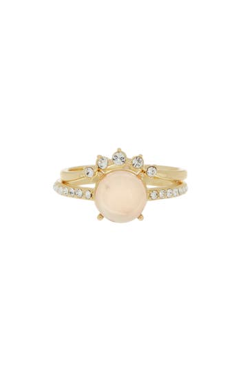 Shop Covet Pink Mother Of Pearl & Cz Ring Stack Set In Pink/gold