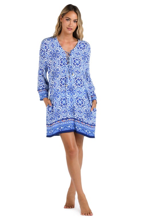 Shop La Blanca Alboran Lace-up Long Sleeve Cover-up Tunic<br> In Blue