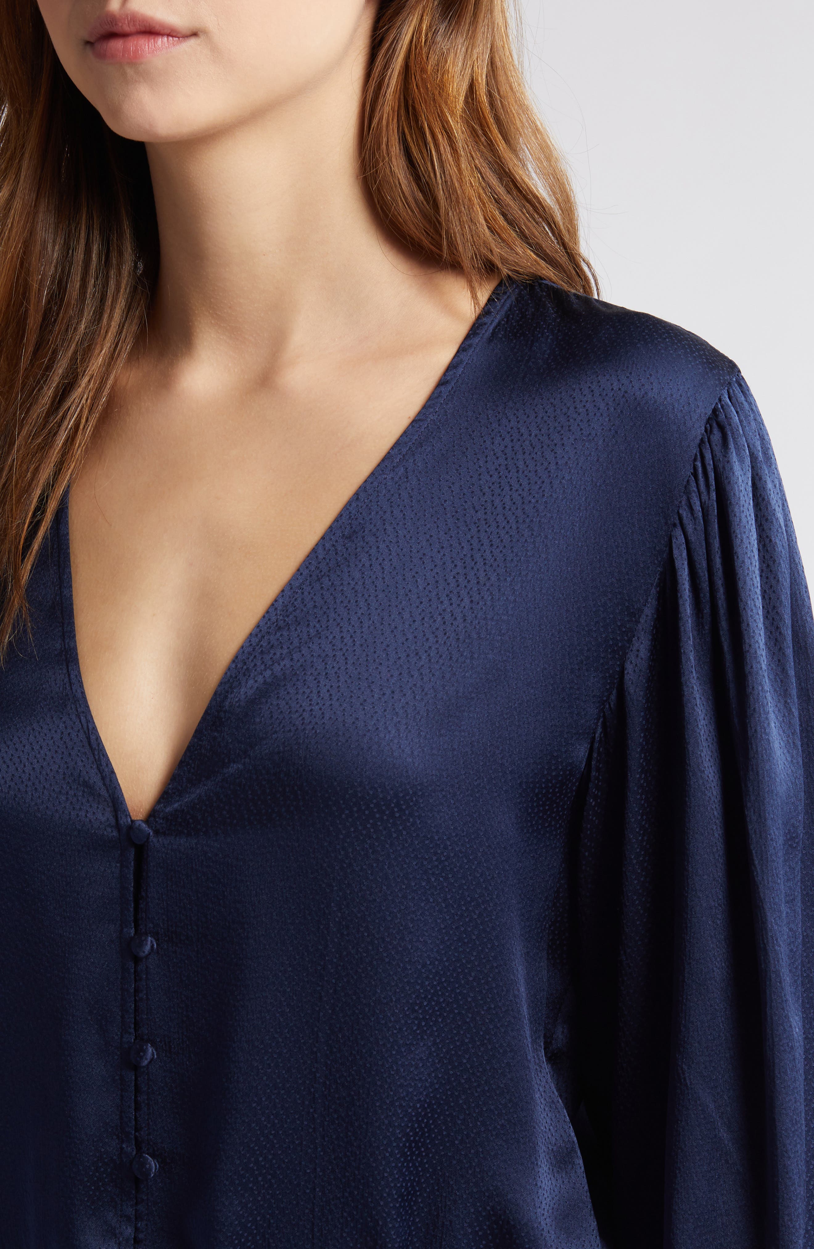 FRAME Tie Waist Ruffle Hem Silk Top in Navy