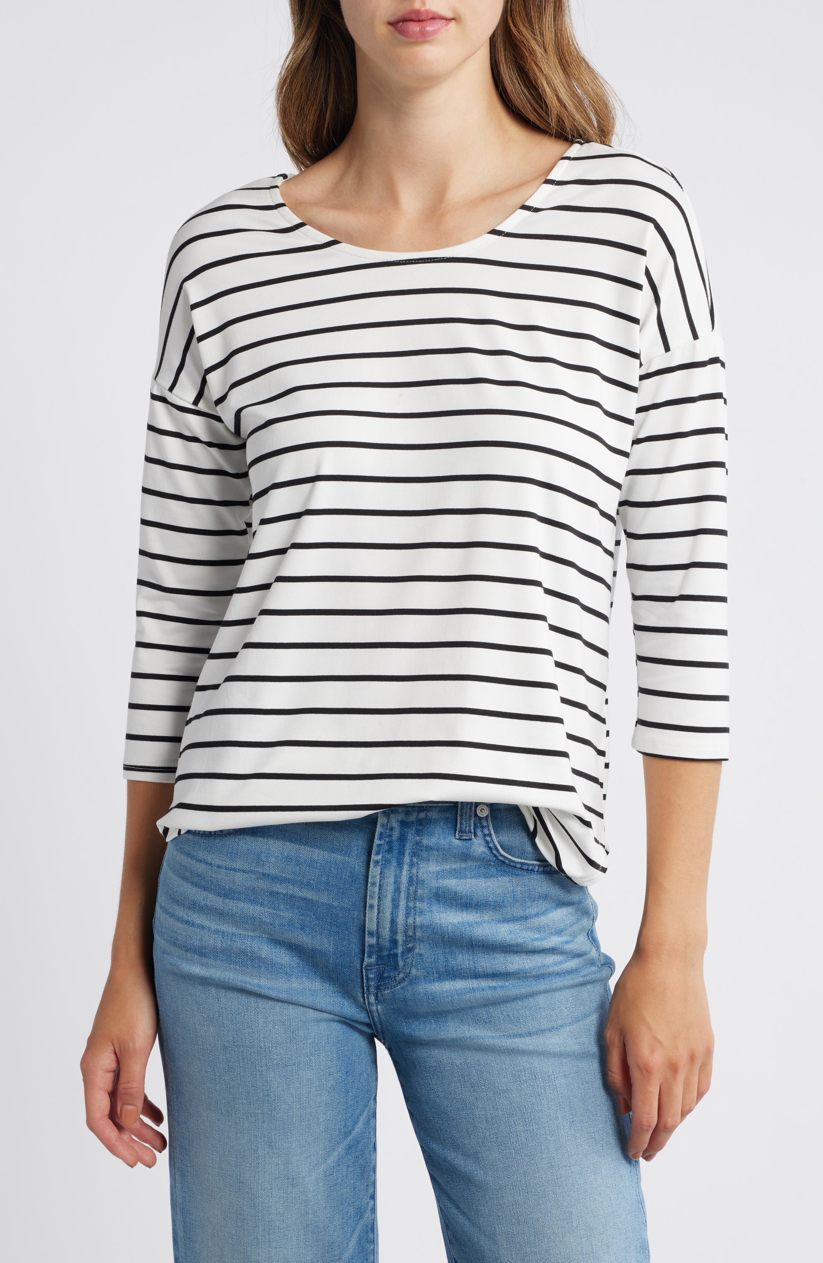 Bobeau Crossback Butter T-Shirt in Ivory/Black Stripe 