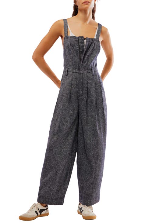 Free People The Franklin Denim Notch Collar Long Sleeve Tailored One Piece  Jumpsuit