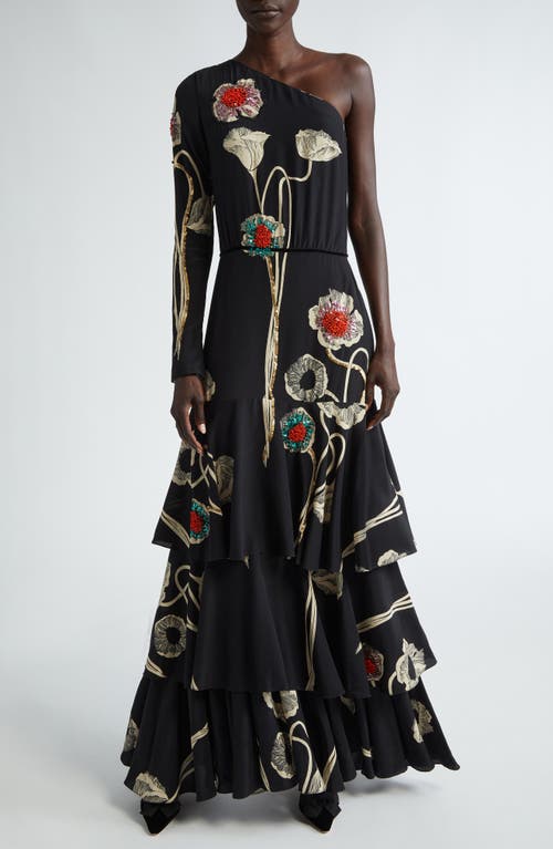 Johanna Ortiz Poesia De Paz Sequin Poppy One-shoulder Silk Maxi Dress In Papaver Somniferum/black