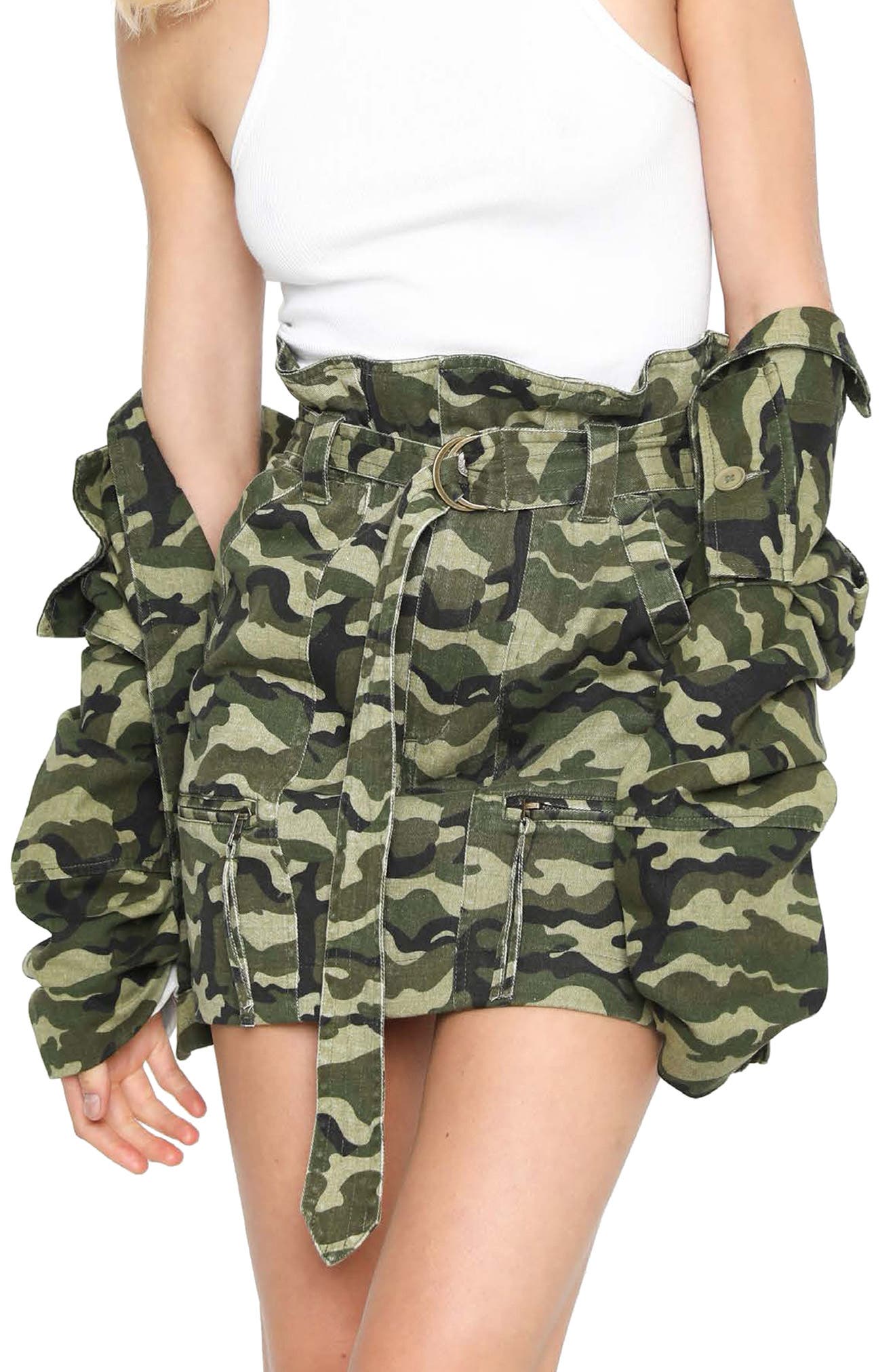 camo paper bag shorts