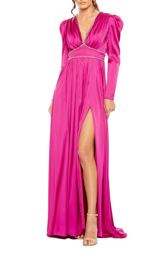 Mac Duggal Crystal Detail Satin Empire Waist Long Sleeve Gown In Pink