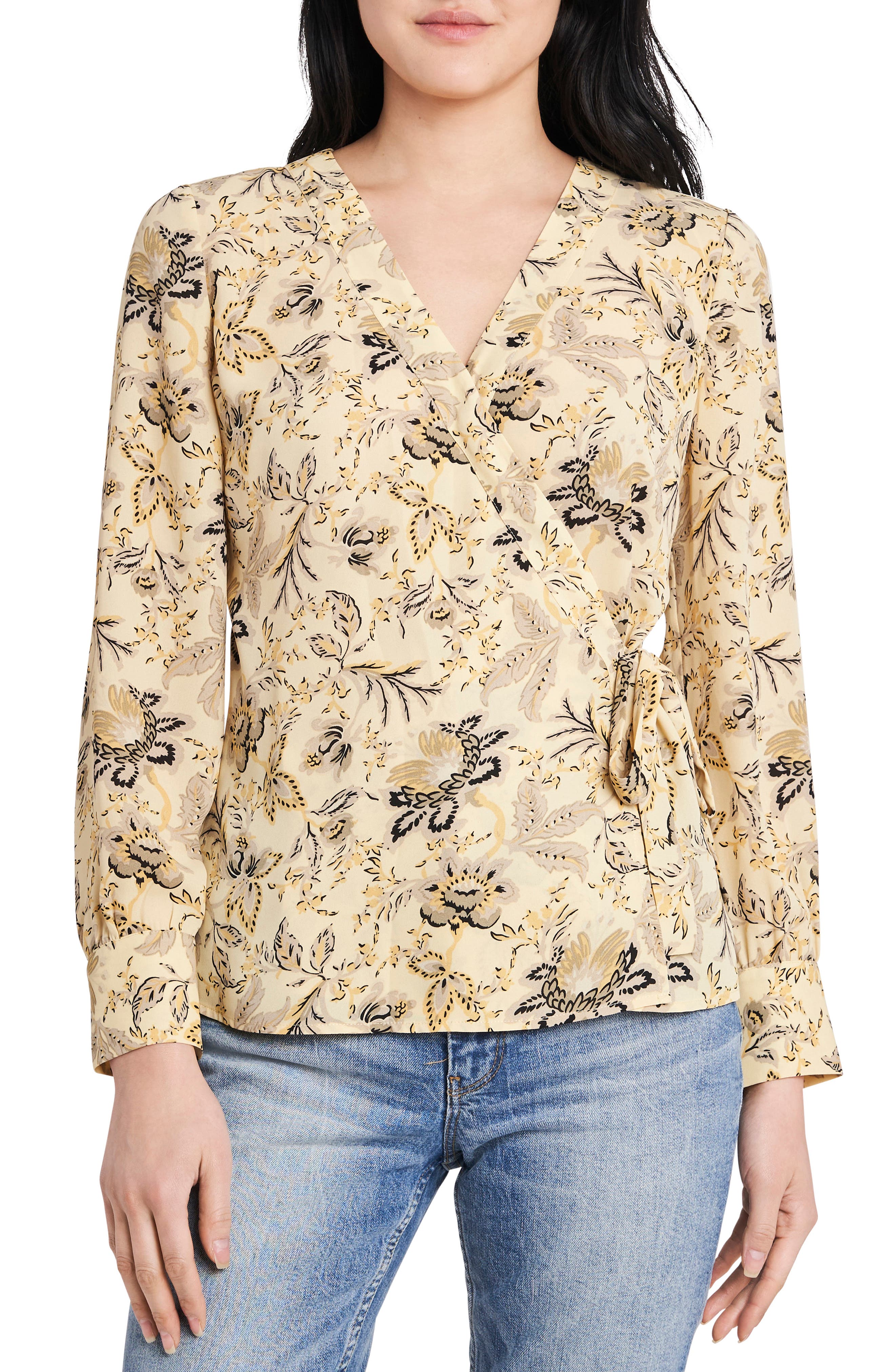VINCE CAMUTO VINCE CAMTUO ANTIQUE FLORAL SIDE TIE LONG SLEEVE BLOUSE,195203343433