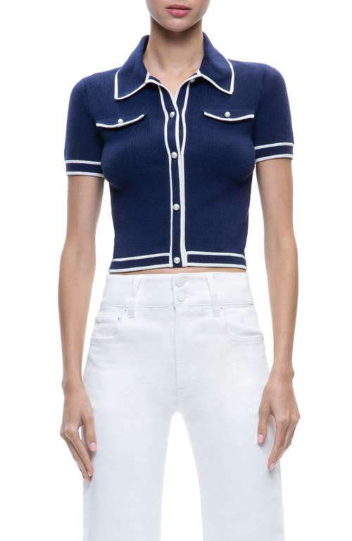 Alice And Olivia Alice + Olivia Marlena Crop Wool Blend Button-up Polo Sweater In Indigo/ecru