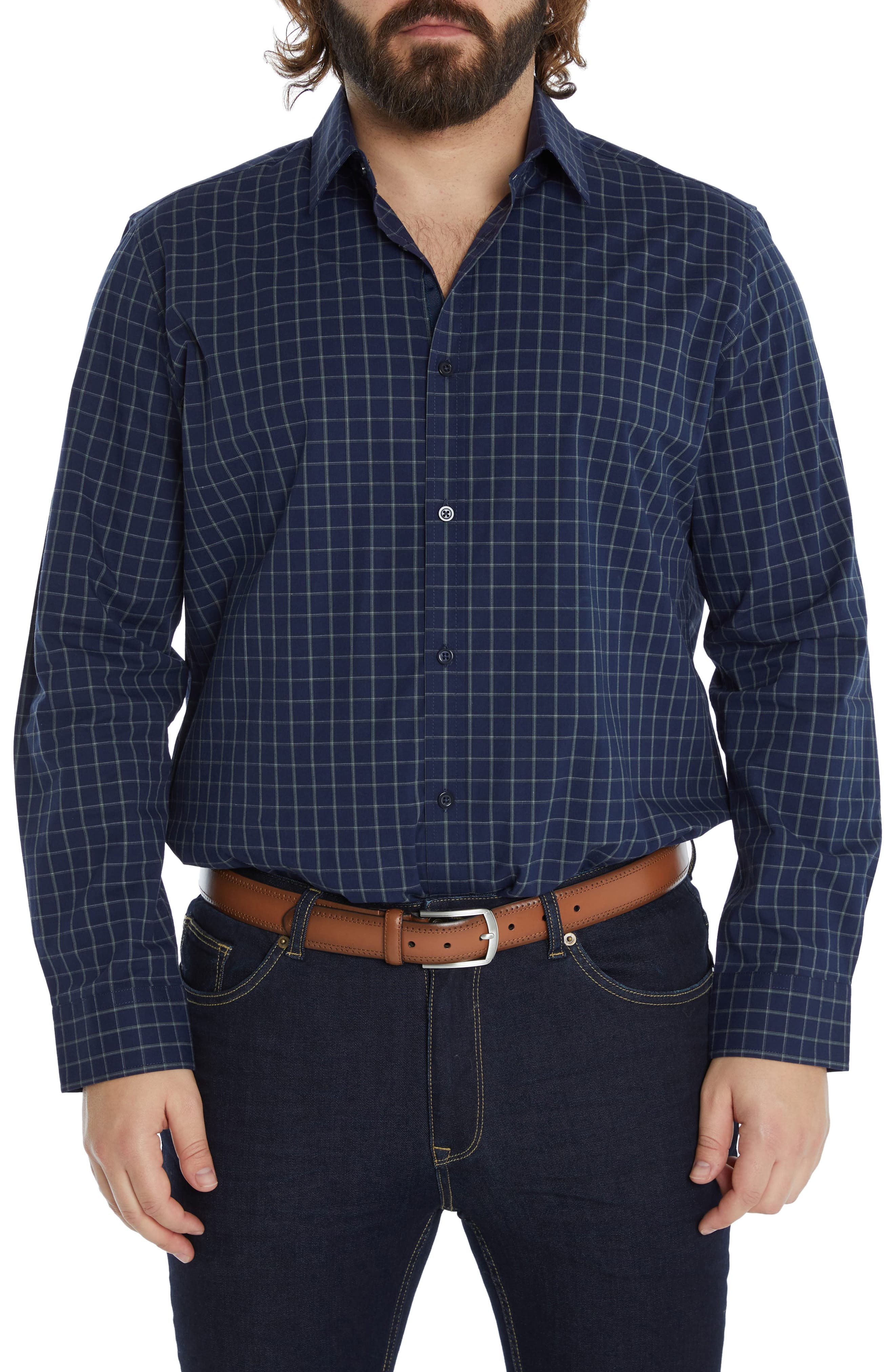 Johnny Bigg Griffin Check Stretch Cotton Button-Up Shirt in Navy
