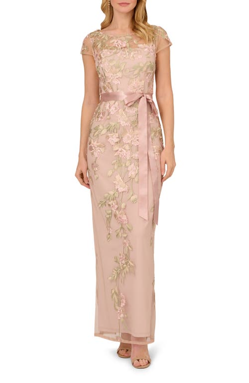 Adrianna Papell Floral Cascading Column Gown In Blush/nude Multi