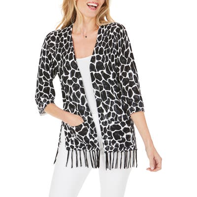 Foxcroft Flora Animal Print Fringe Cotton Blend Cardigan, Black