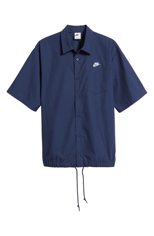 Shop Nike Club Venice Short Sleeve Drawstring Hem Cotton Button-up Shirt In Midnight Navy/white