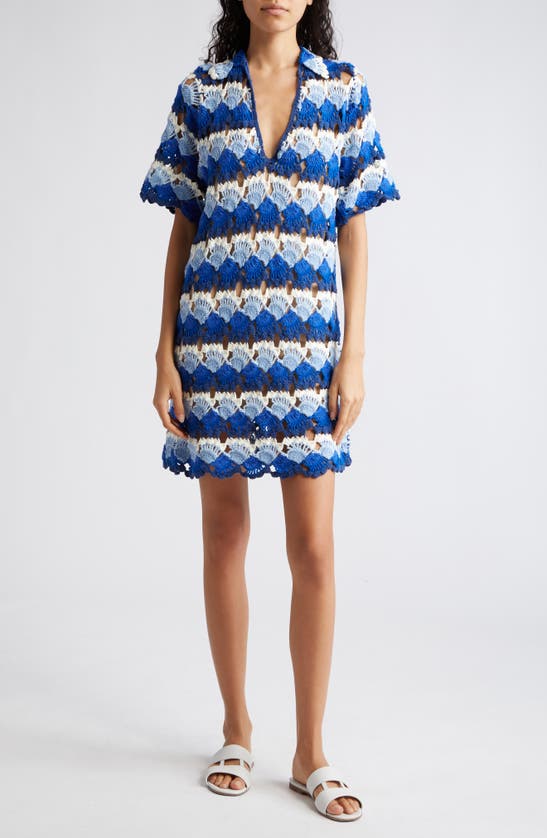Shop Farm Rio Semisheer Crochet Cover-up Dress In Blue And White