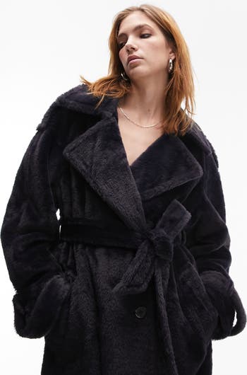 Textured longline faux fur cheap coat